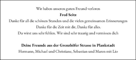 Traueranzeige von Fred Seitz von Schwetzinger Zeitung