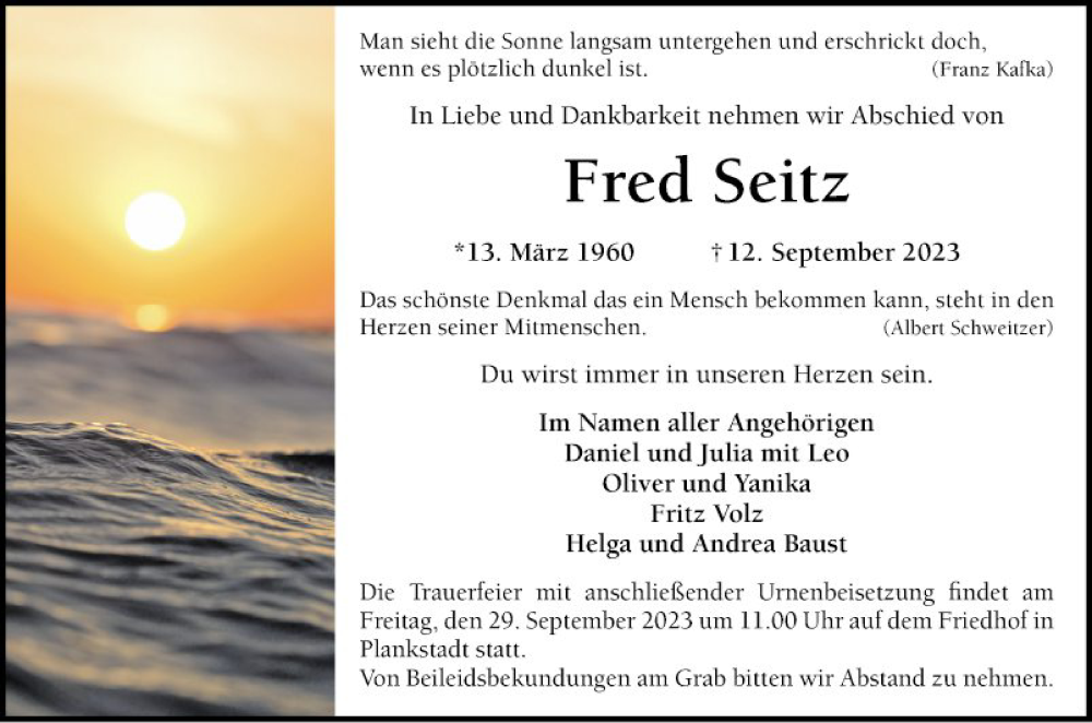  Traueranzeige für Fred Seitz vom 20.09.2023 aus Schwetzinger Zeitung