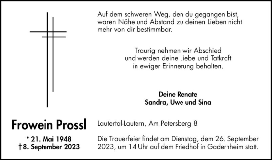 Traueranzeige von Frowein Prossl von Bergsträßer Anzeiger