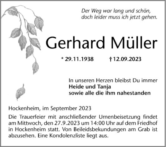 Traueranzeige von Gerhard Müller von Schwetzinger Zeitung