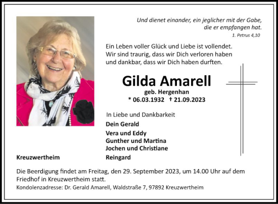 Traueranzeige von Gilda Amarell von Fränkische Nachrichten