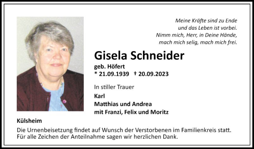  Traueranzeige für Gisela Schneider vom 30.09.2023 aus Fränkische Nachrichten