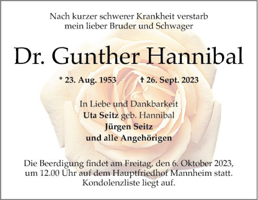  Traueranzeige für Gunther Hannibal vom 30.09.2023 aus Mannheimer Morgen