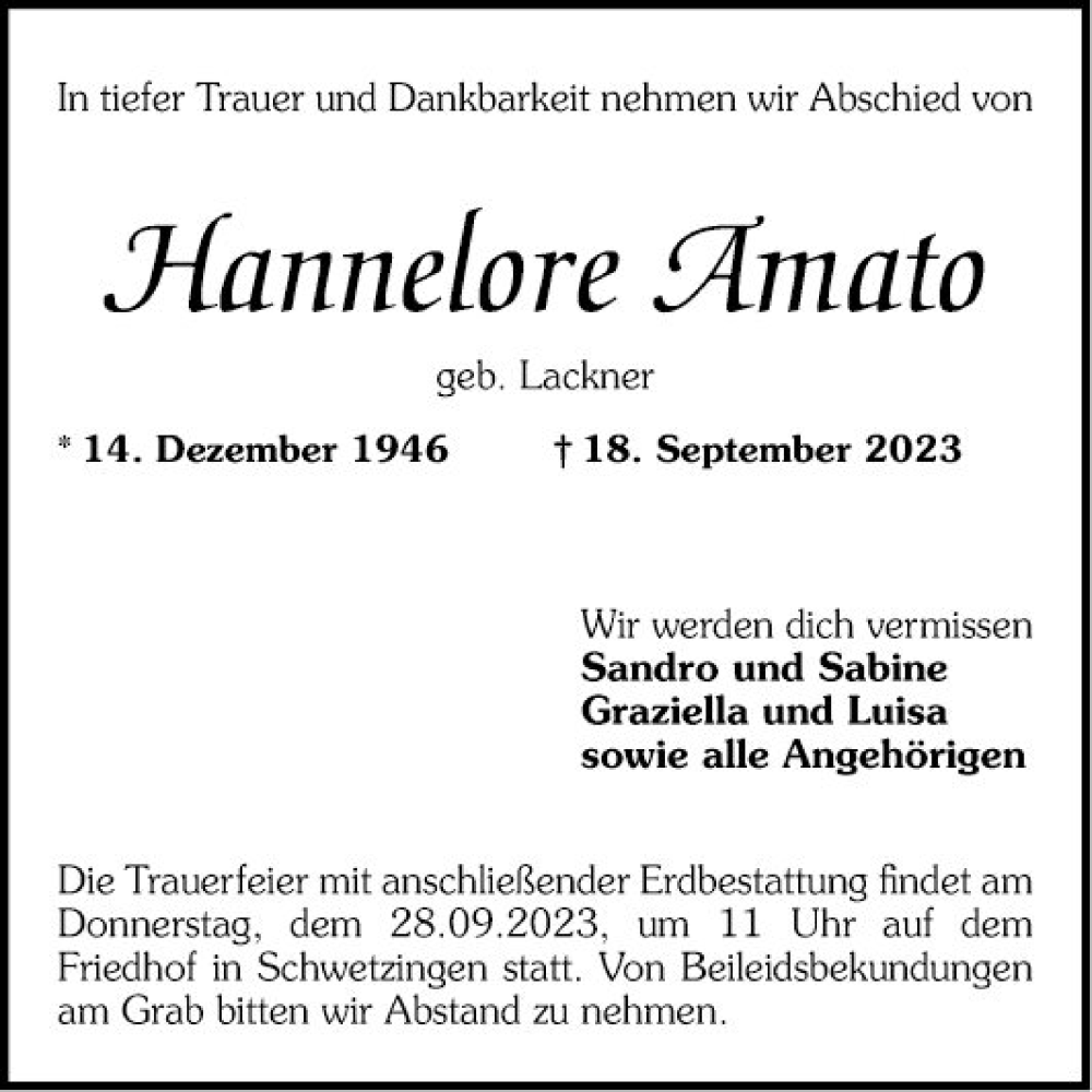  Traueranzeige für Hannelore Amato vom 23.09.2023 aus Schwetzinger Zeitung
