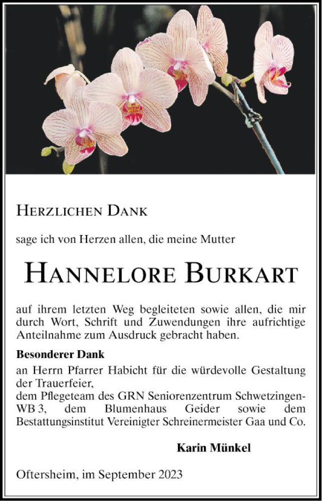  Traueranzeige für Hannelore Burkart vom 23.09.2023 aus Schwetzinger Zeitung