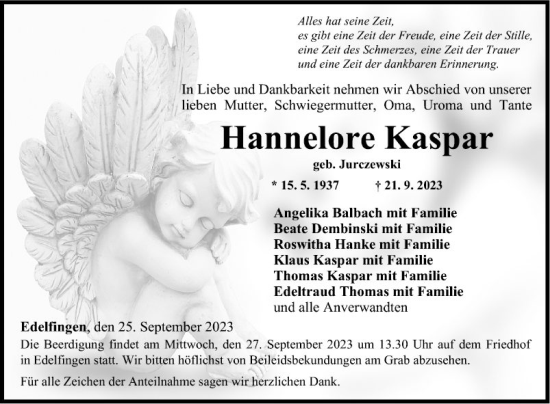 Traueranzeige von Hannelore Kaspar von Fränkische Nachrichten