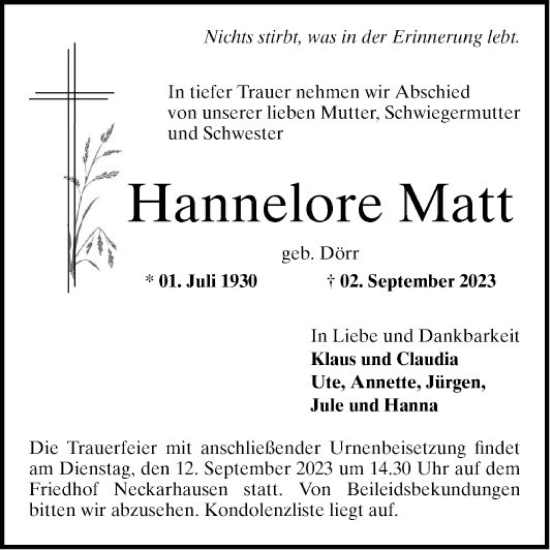 Traueranzeige von Hannelore Matt von Mannheimer Morgen
