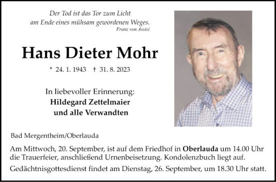 Traueranzeige von Hans Dieter Mohr von Fränkische Nachrichten