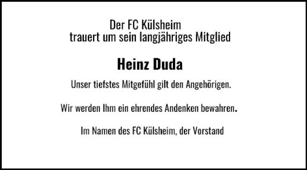  Traueranzeige für Heinz Duda vom 15.09.2023 aus Fränkische Nachrichten