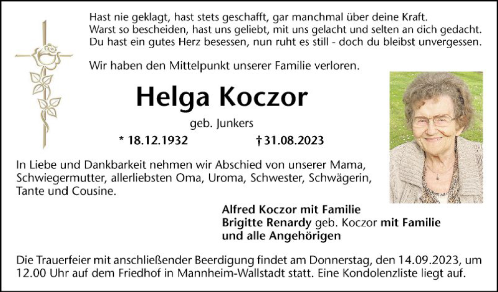  Traueranzeige für Helga Koczor vom 09.09.2023 aus Mannheimer Morgen