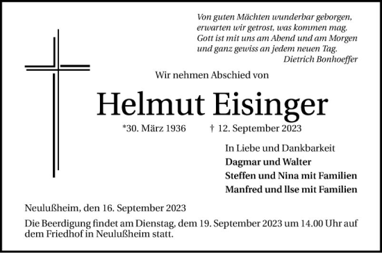 Traueranzeige von Helmut Eisinger von Schwetzinger Zeitung