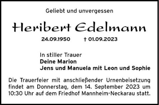 Traueranzeige von Heribert Edelmann von Mannheimer Morgen