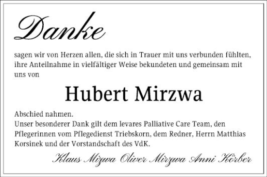 Traueranzeige von Hubert Mirzwa von Schwetzinger Zeitung