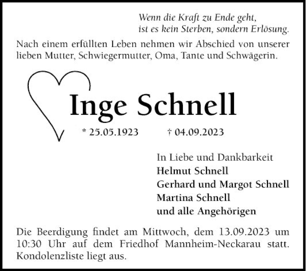  Traueranzeige für Inge Schnell vom 09.09.2023 aus Mannheimer Morgen