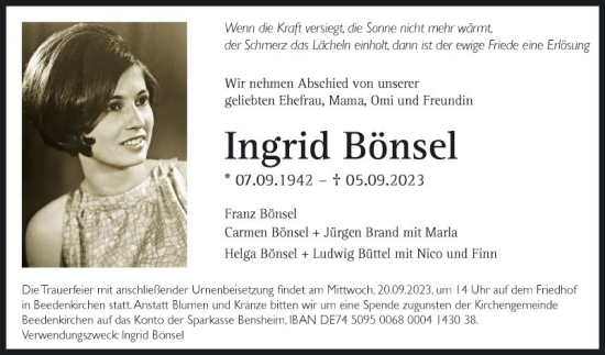 Traueranzeige von Ingrid Bönsel von Bergsträßer Anzeiger