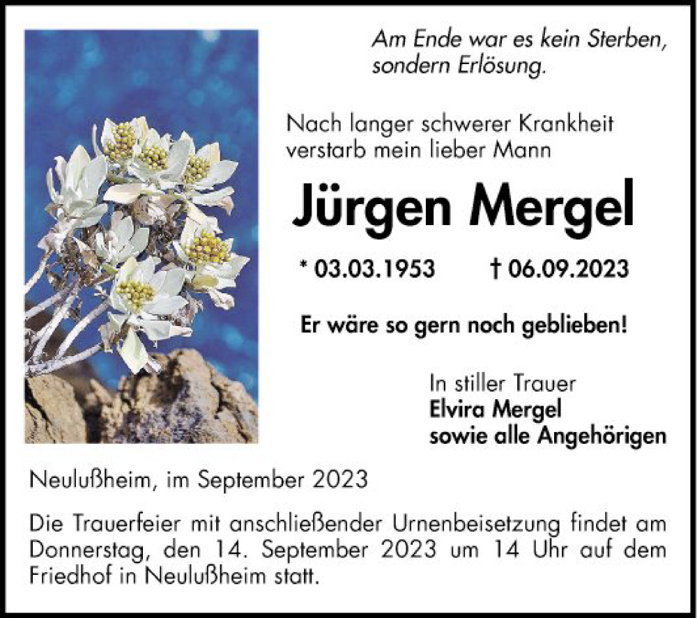  Traueranzeige für Jürgen Mergel vom 09.09.2023 aus Schwetzinger Zeitung