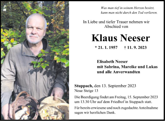 Traueranzeige von Klaus Neeser von Fränkische Nachrichten