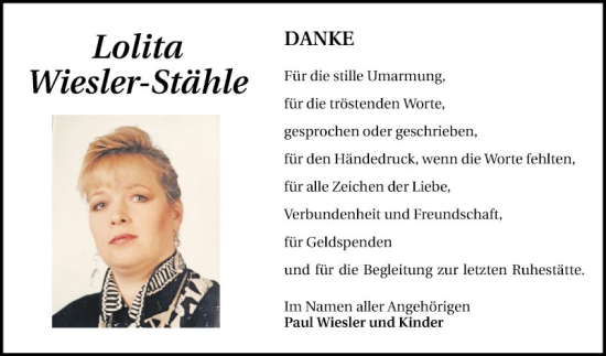 Traueranzeige von Lolita Wiesler-Stähle von Schwetzinger Zeitung