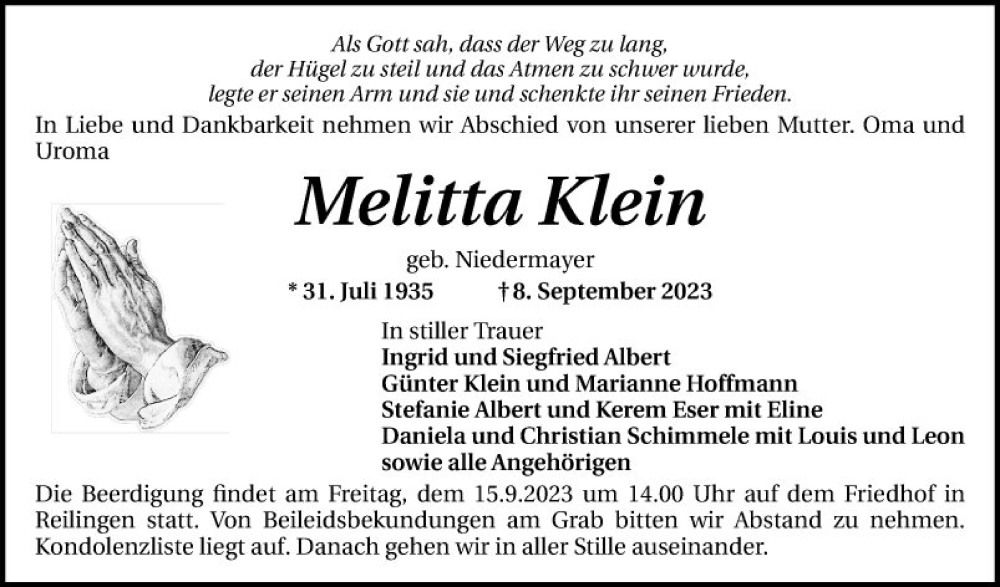  Traueranzeige für Melitta Klein vom 13.09.2023 aus Schwetzinger Zeitung