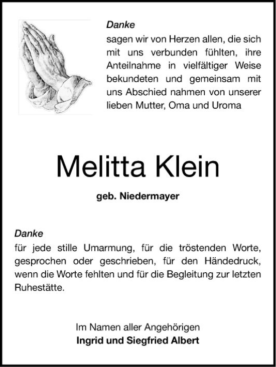 Traueranzeige von Melitta Klein von Schwetzinger Zeitung