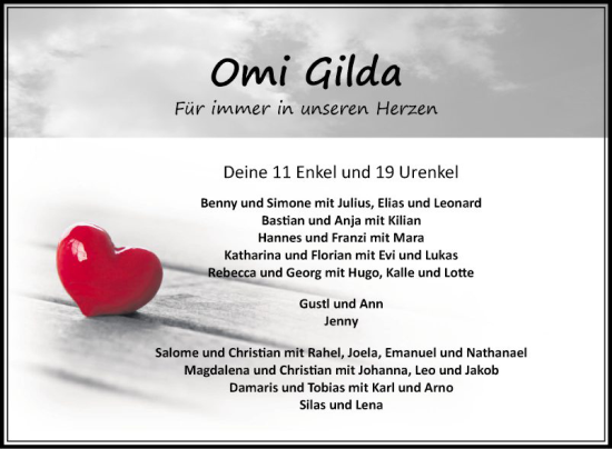 Traueranzeige von Omi Gilda  von Fränkische Nachrichten