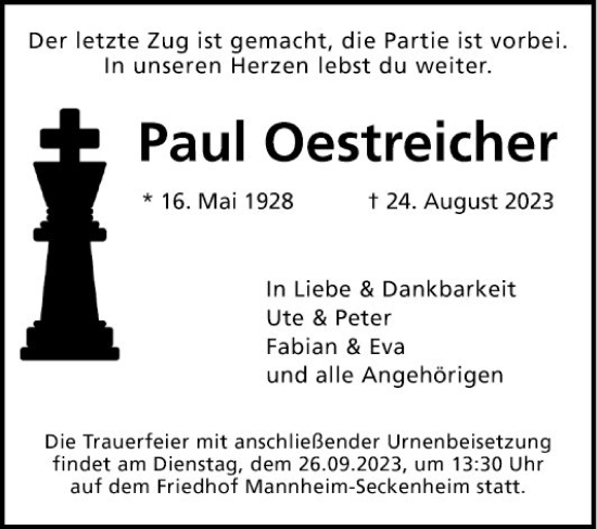 Traueranzeige von Paul Oestreicher von Mannheimer Morgen