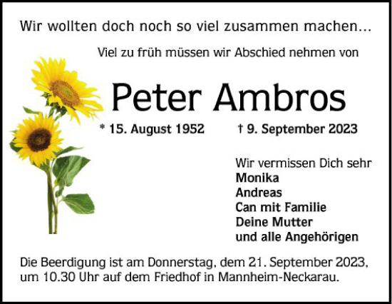 Traueranzeige von Peter Ambros von Mannheimer Morgen