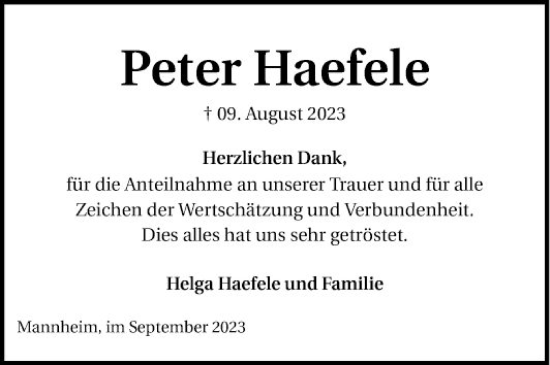 Traueranzeige von Peter Haefele von Mannheimer Morgen
