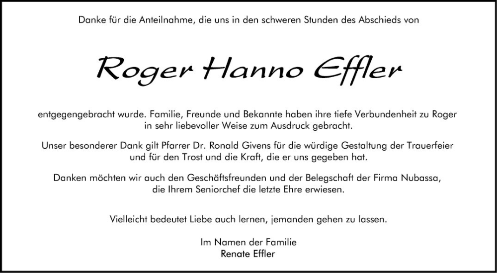  Traueranzeige für Roger Hanno Effler vom 02.09.2023 aus Mannheimer Morgen