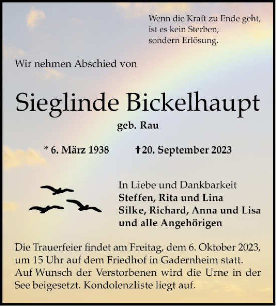 Traueranzeige von Sieglinde Bickelhaupt von Bergsträßer Anzeiger