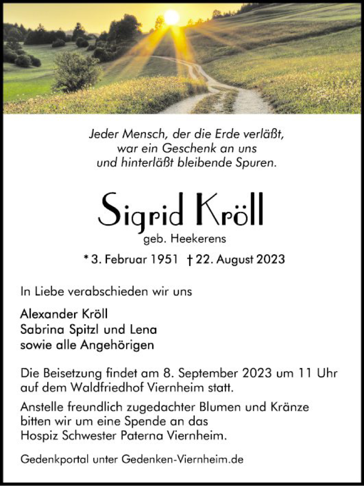  Traueranzeige für Sigrid Kröll vom 02.09.2023 aus Mannheimer Morgen