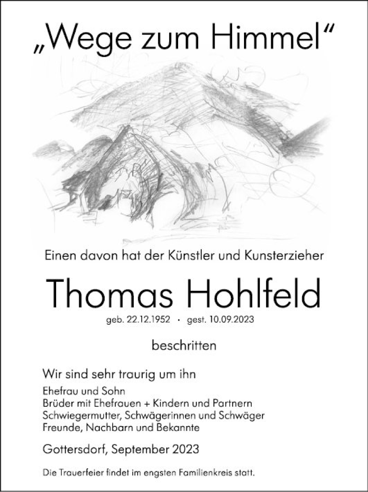  Traueranzeige für Thomas Hohlfeld vom 13.09.2023 aus Fränkische Nachrichten