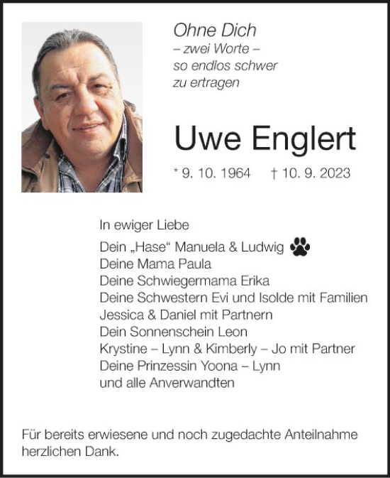Traueranzeige von Uwe Englert von Fränkische Nachrichten
