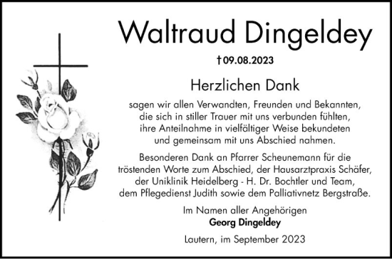 Traueranzeige von Waltraud Dingeldey von Bergsträßer Anzeiger