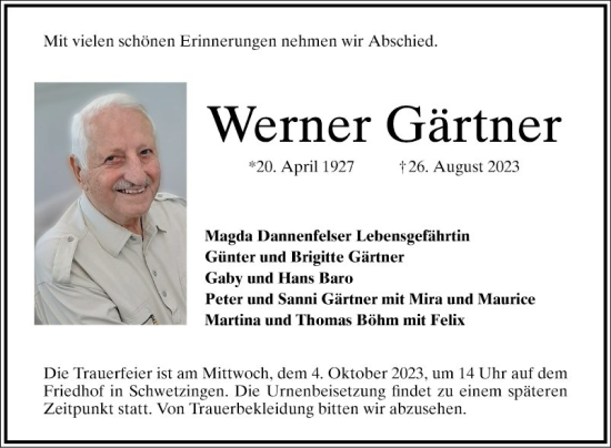 Traueranzeige von Werner Gärtner von Schwetzinger Zeitung