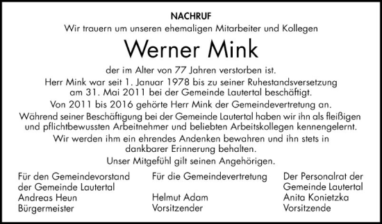 Traueranzeige von Werner Mink von Bergsträßer Anzeiger