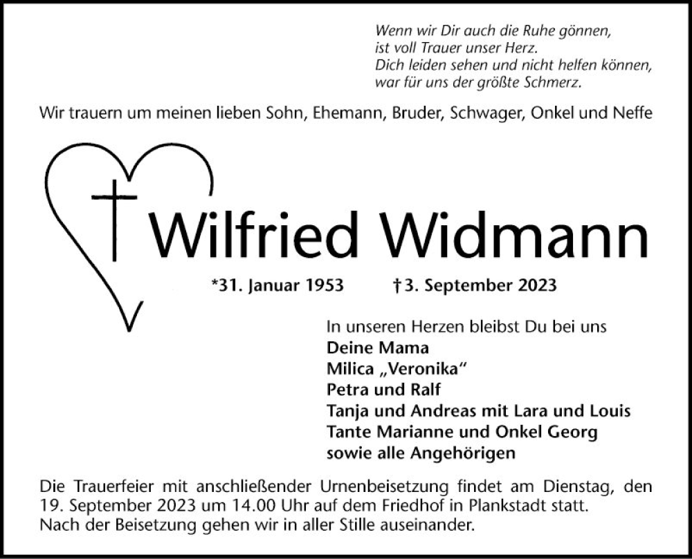  Traueranzeige für Wilfried Widmann vom 09.09.2023 aus Schwetzinger Zeitung