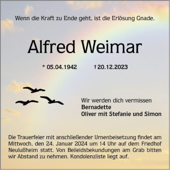 Traueranzeige von Alfred Weimar von Schwetzinger Zeitung