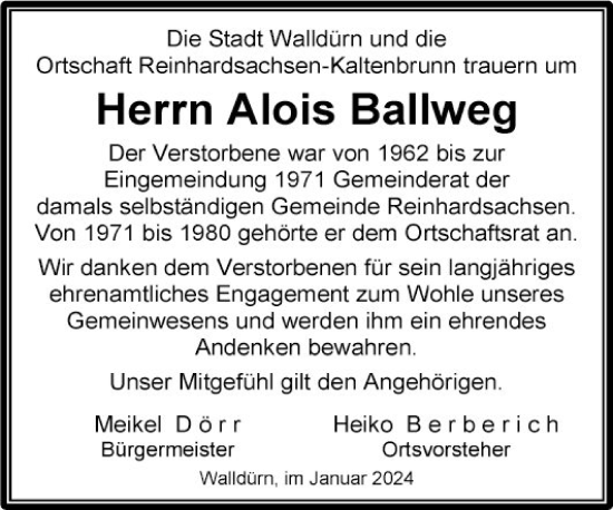 Traueranzeige von Alois Ballweg von Fränkische Nachrichten