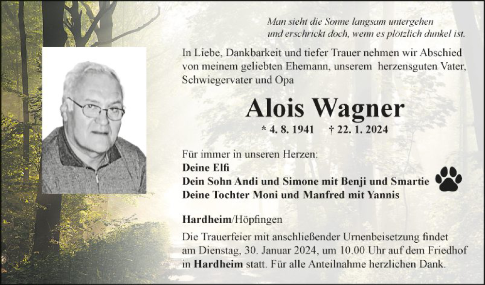  Traueranzeige für Alois Wagner vom 26.01.2024 aus Fränkische Nachrichten