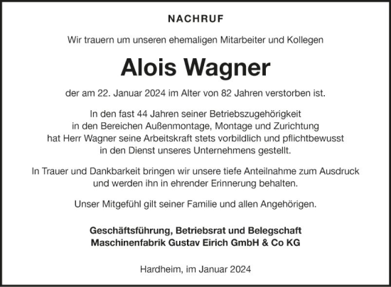 Traueranzeige von Alois Wagner von Fränkische Nachrichten