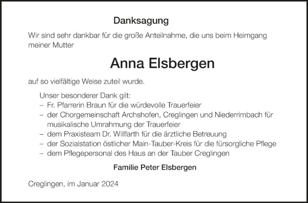  Traueranzeige für Anna Elsbergen vom 05.01.2024 aus Fränkische Nachrichten