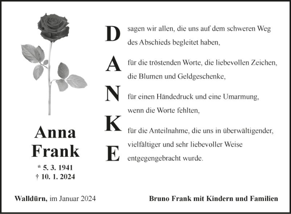  Traueranzeige für Anna Frank vom 27.01.2024 aus Fränkische Nachrichten