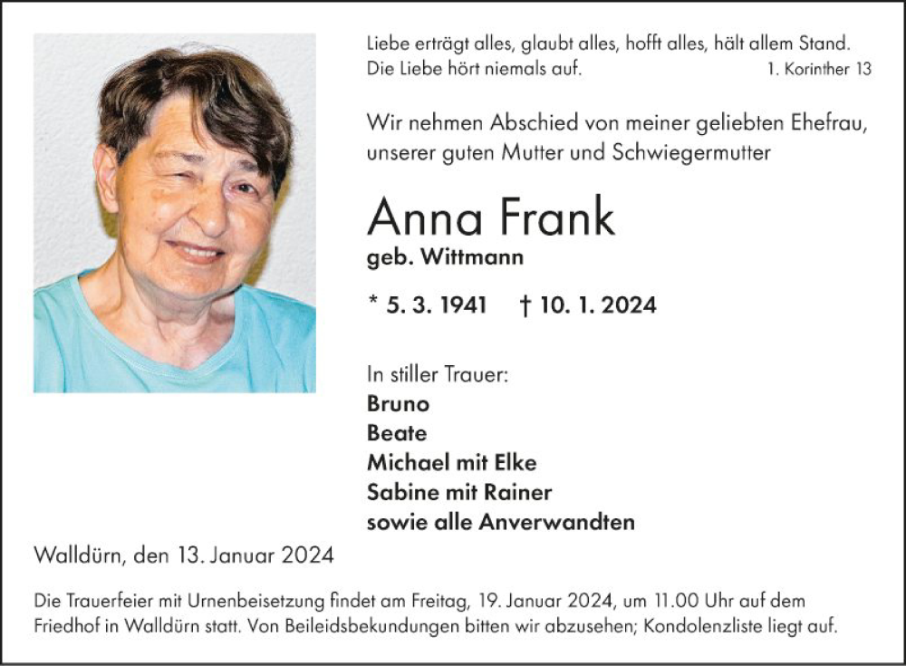 Traueranzeige für Anna Frank vom 13.01.2024 aus Fränkische Nachrichten