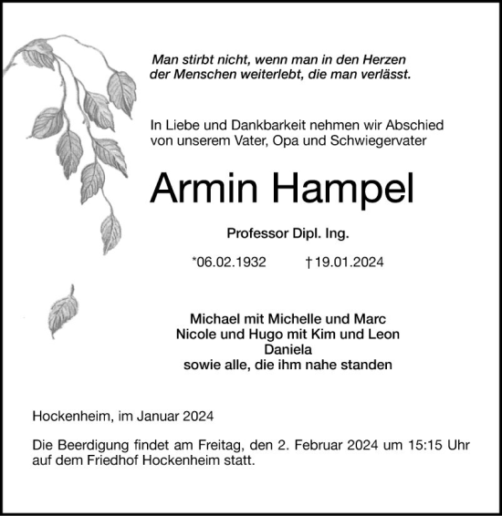 Traueranzeige von Armin Hampel von Schwetzinger Zeitung