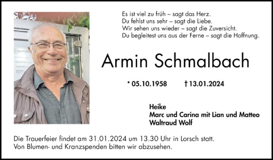 Traueranzeige von Armin Schmalbach von Bergsträßer Anzeiger