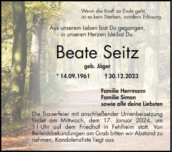 Traueranzeige von Beate Seitz von Bergsträßer Anzeiger