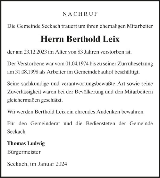 Traueranzeige von Berthold Leix von Fränkische Nachrichten
