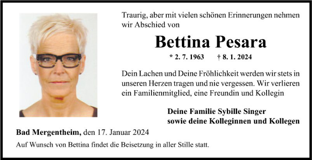  Traueranzeige für Bettina Pesara vom 17.01.2024 aus Fränkische Nachrichten