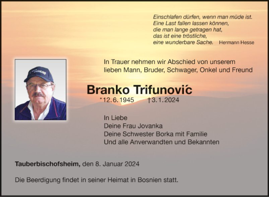 Traueranzeige von Branko Trifunovic von Fränkische Nachrichten